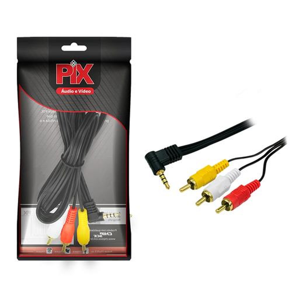 Cabo RCA Av - P3 Estéreo 90 Graus + 3 RCA Macho - 1.20m - Gold