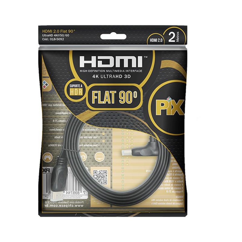 Cabo HDMI Flat Gold 90 Graus - 2.0 4K HDR 19p 2m