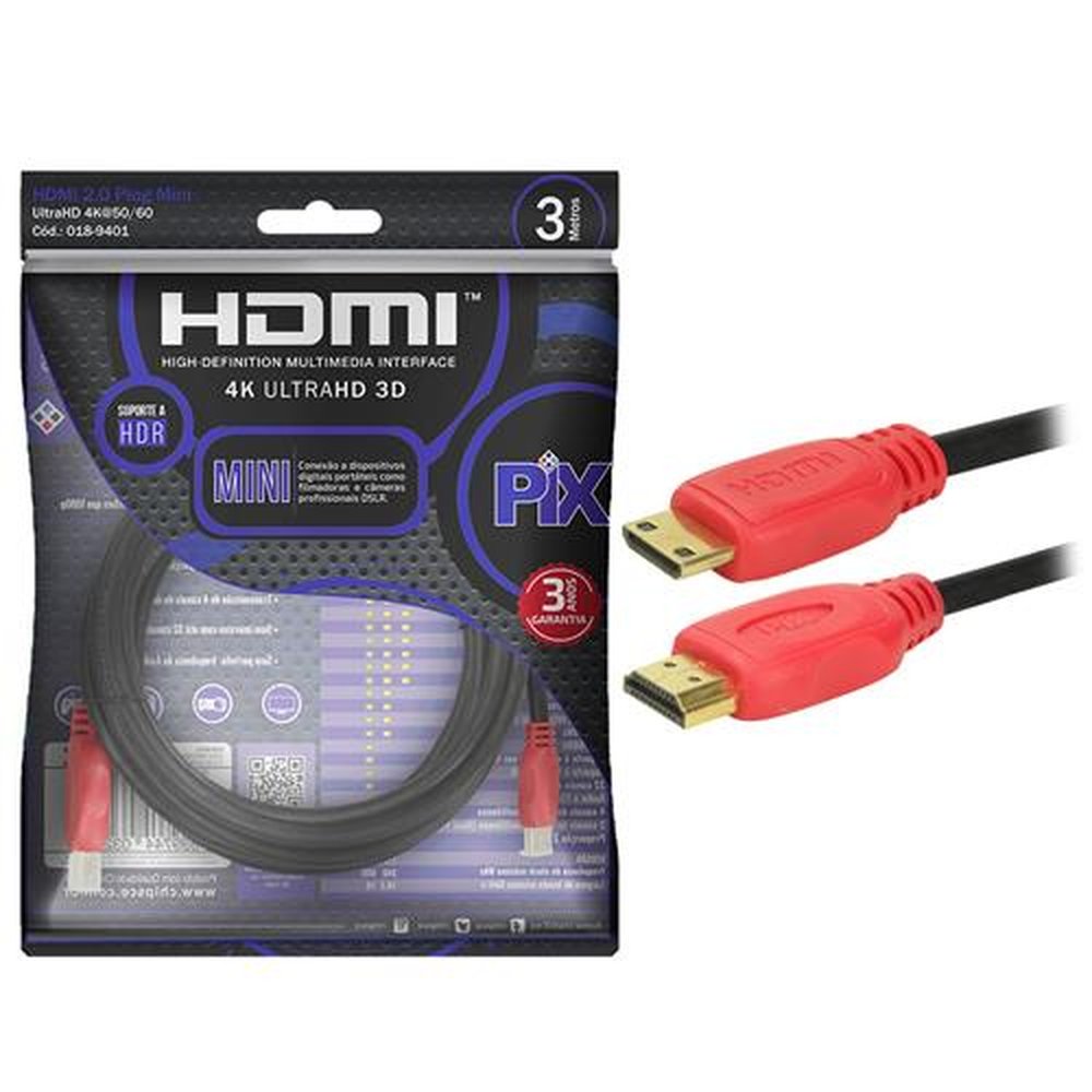 Cabo Mini HDMI X HDMI 3m 2.0 4K ULTRAHD 19 Pinos