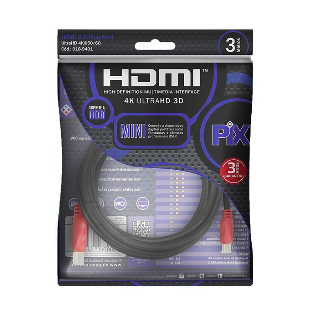 Cabo Mini HDMI X HDMI 3m 2.0 4K ULTRAHD 19 Pinos