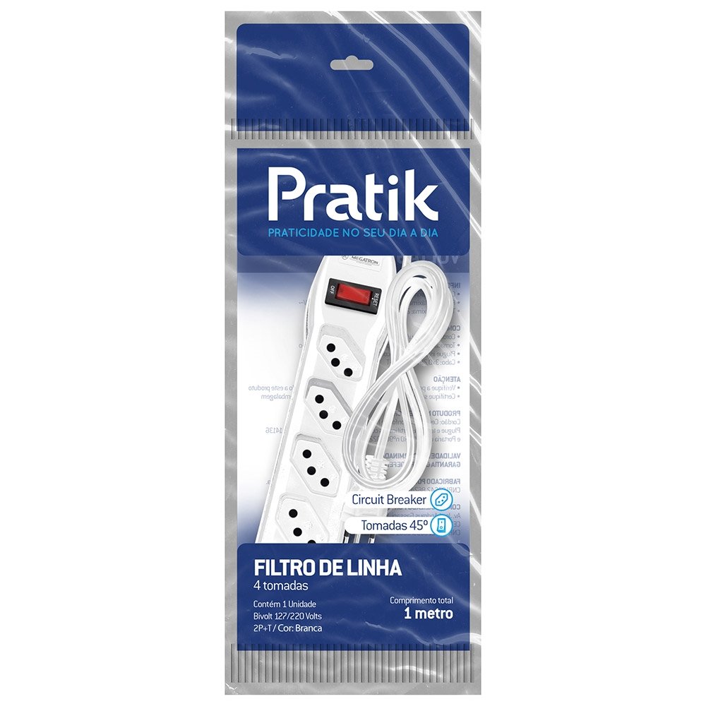Filtro de Linha Pratik 4 Tomadas 2P+T Circuit Breaker 1m Branco