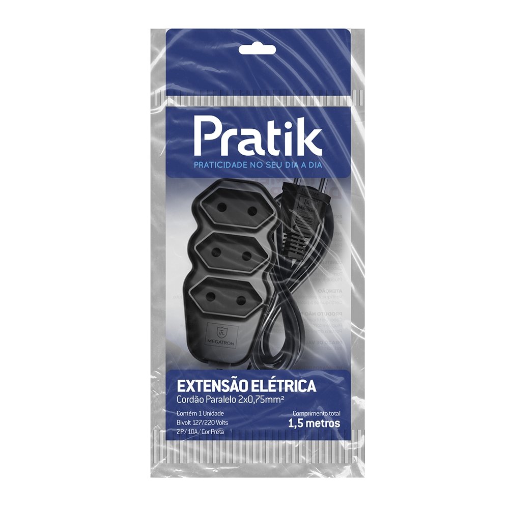 Extensão Pratik Fio Paralelo 2x0,75mm - 3 Tomadas Preto 1,5m