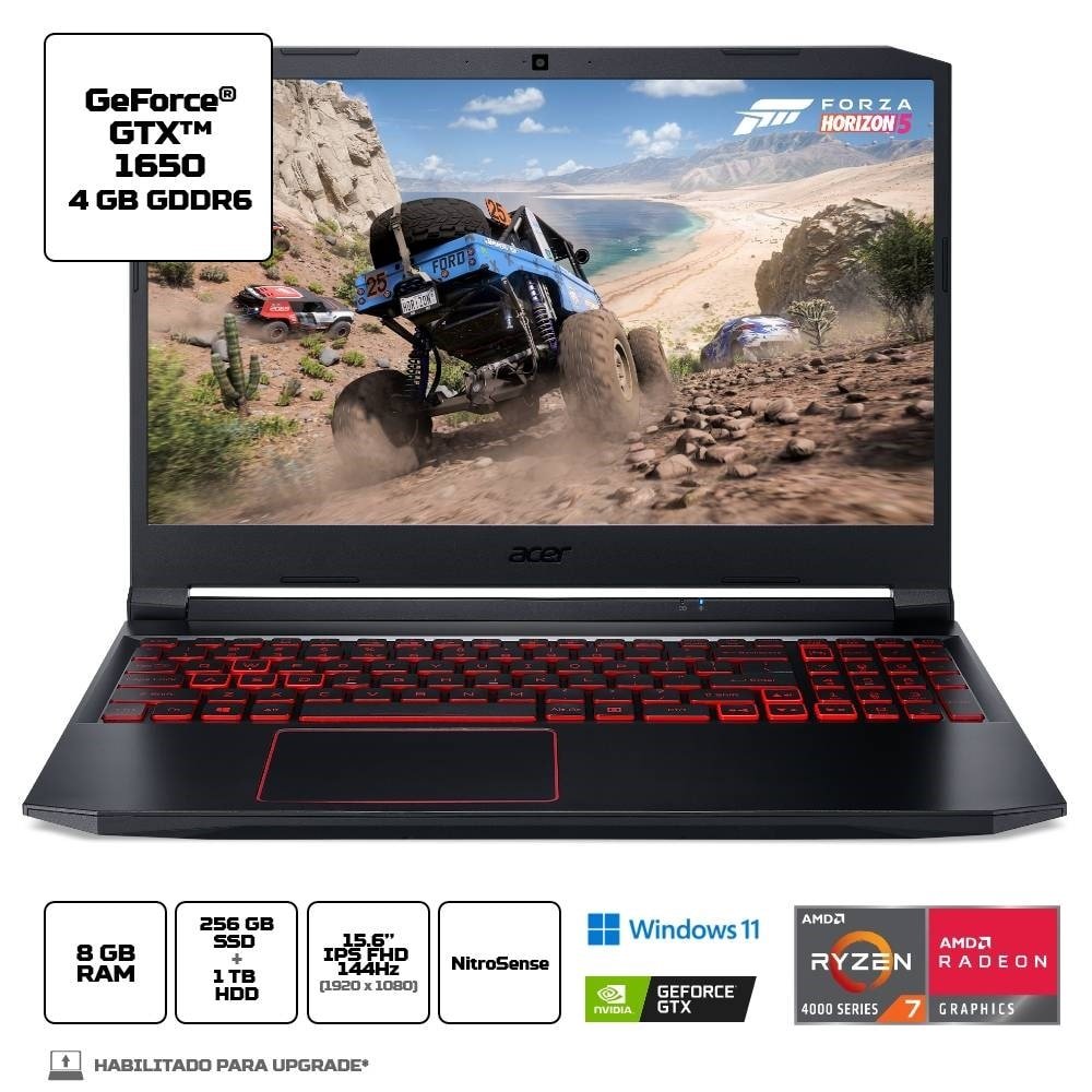 Notebook Gamer Acer Nitro 5, Tela de 15.6", AMD Ryzen 7, SSD 256GB, 8GB RAM, Windows 11, Preto/Vermelho