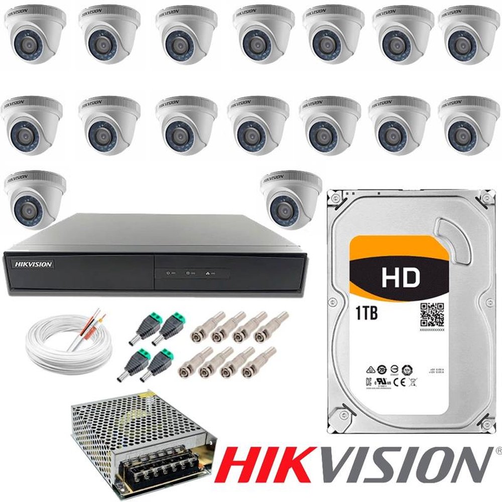 Kit Completo Monitoramento Hikvision Com 16 Câmeras Internas/Externas + Cabo 100mts + Fonte + Conectores + Drv 16 Canais + HD 1 TB