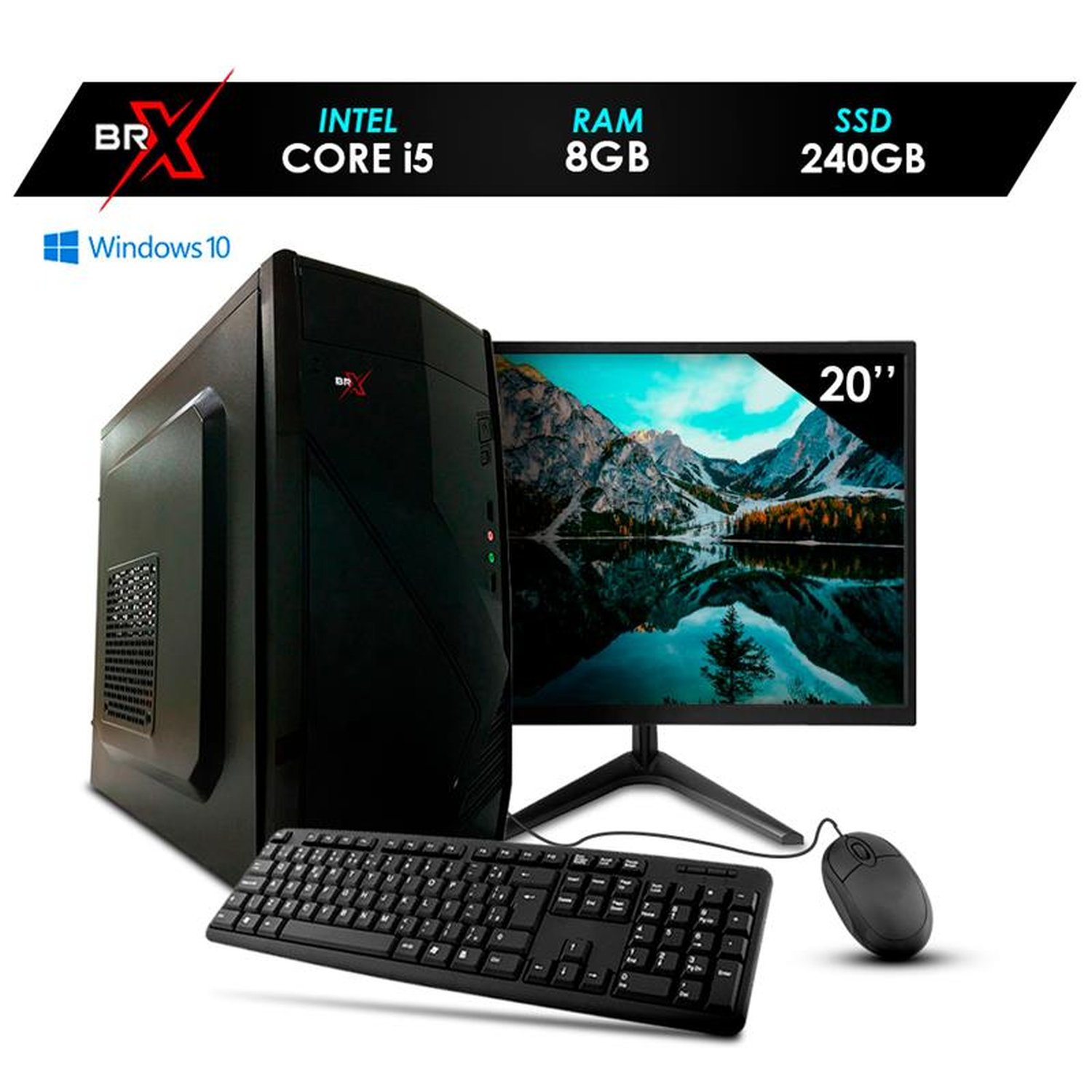 Computador PC Core i5 10400f 8GB 240GB VGA 1GB Windows 10 + Teclado e Mouse + Monitor de 20" - BRX