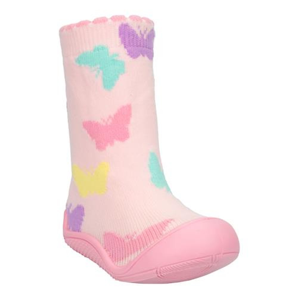 Kit Meia Com Sola Infantil Cano Alto Rosa Borboletas Coloridas Feminino Pimpolho Grade 8 Pares - Numeração 17 A 22
