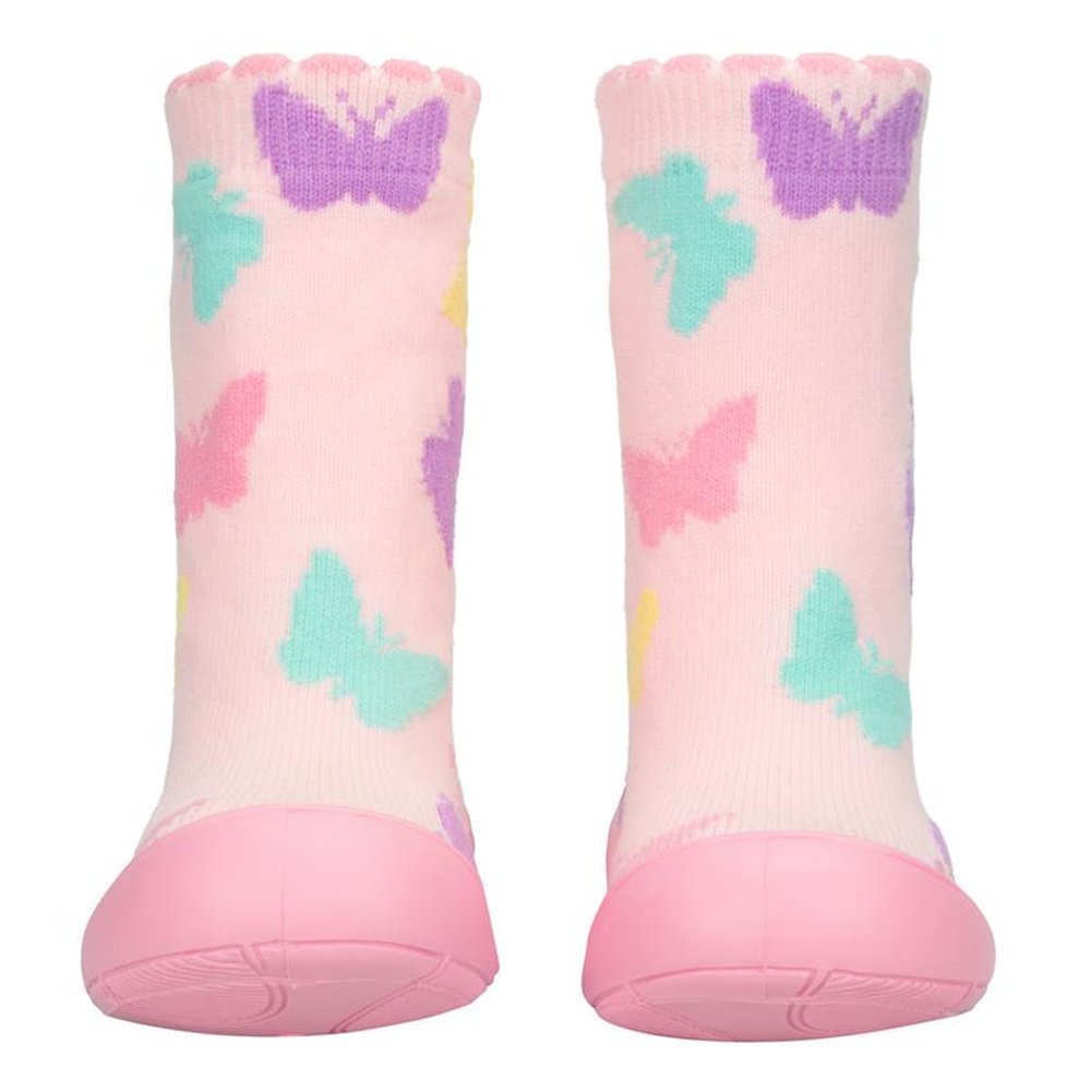 Kit Meia Com Sola Infantil Cano Alto Rosa Borboletas Coloridas Feminino Pimpolho Grade 8 Pares - Numeração 17 A 22