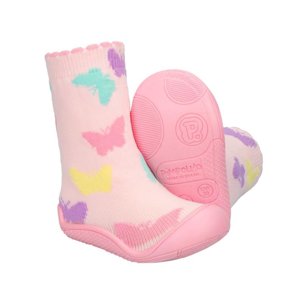 Kit Meia Com Sola Infantil Cano Alto Rosa Borboletas Coloridas Feminino Pimpolho Grade 8 Pares - Numeração 17 A 22