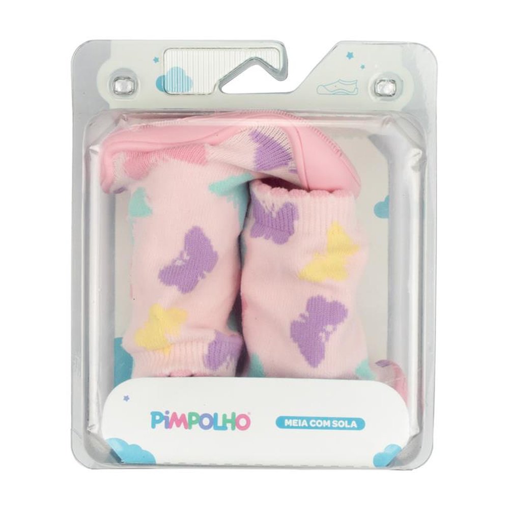 Kit Meia Com Sola Infantil Cano Alto Rosa Borboletas Coloridas Feminino Pimpolho Grade 8 Pares - Numeração 17 A 22