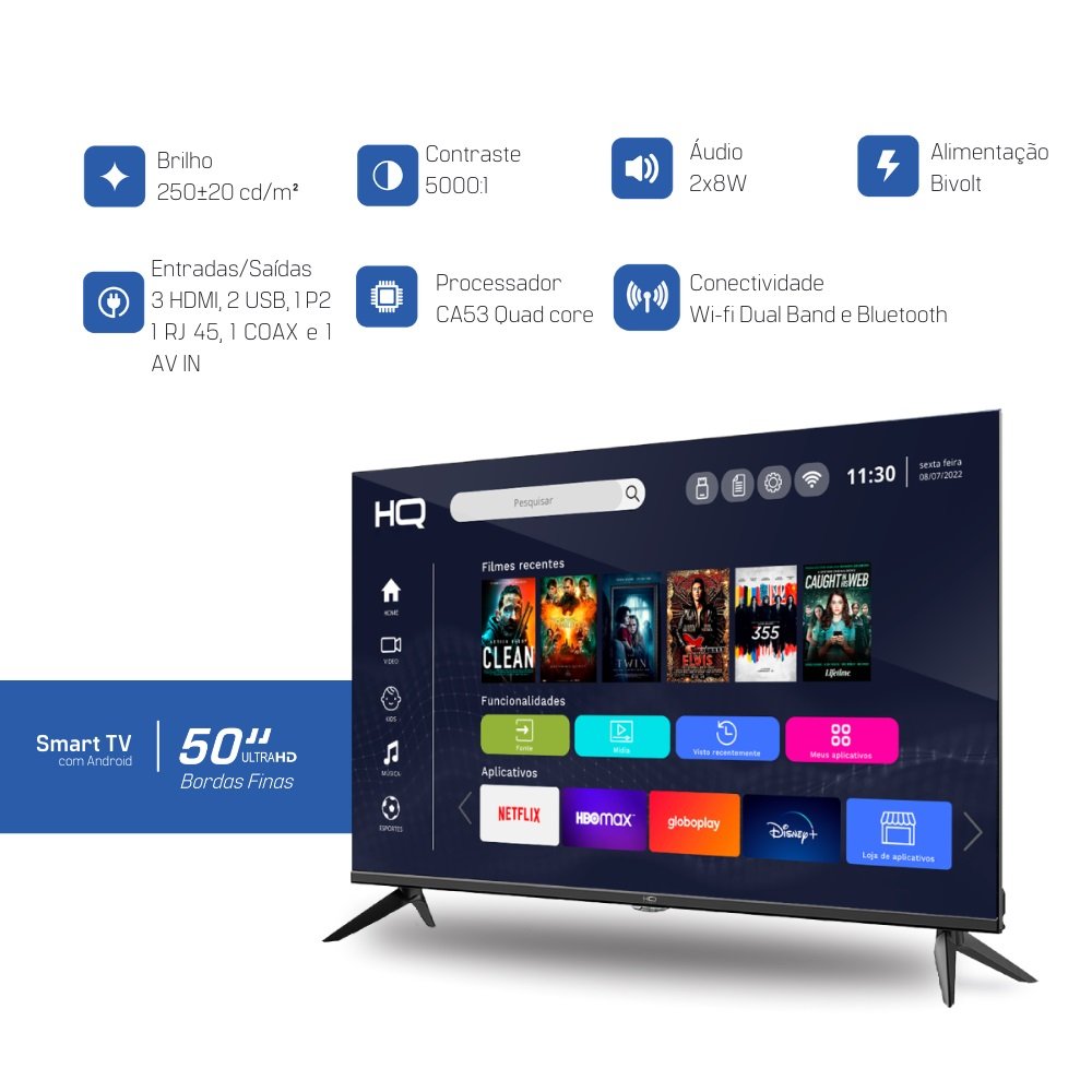 Smart TV 50" HQ 4K 3 HDMI 2 USB WI-FI Android 11 e Design Slim
