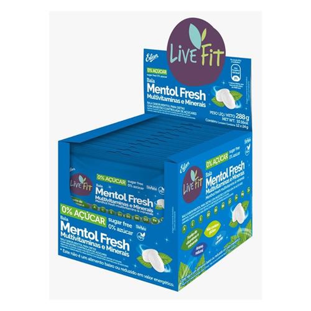 Bala LiveFit Zero Açúcar Mentol Fresh - Caixa com 4 Displays com 12 Pacotes de 24g