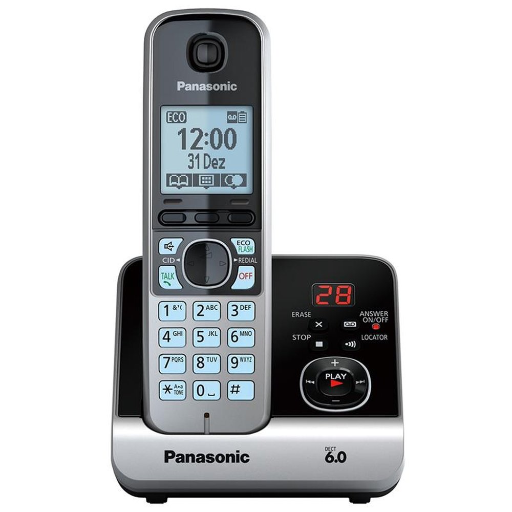Telefone sem Fio Panasonic KX-TG6722LBB Preto, ID, Chamadas, Viva-Voz, Secretária Eletrônica + Ramal
