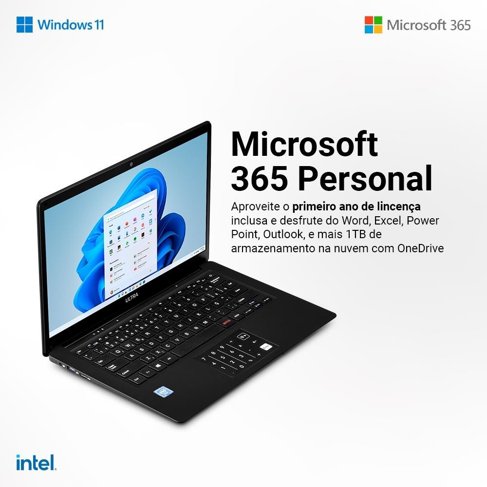 Notebook Multilaser Legacy Book Intel Celeron 4gb 64gb 14,1" Windows 11 Preto + Microsoft 365 Personal Com 1tb Na Nuvem Pc270