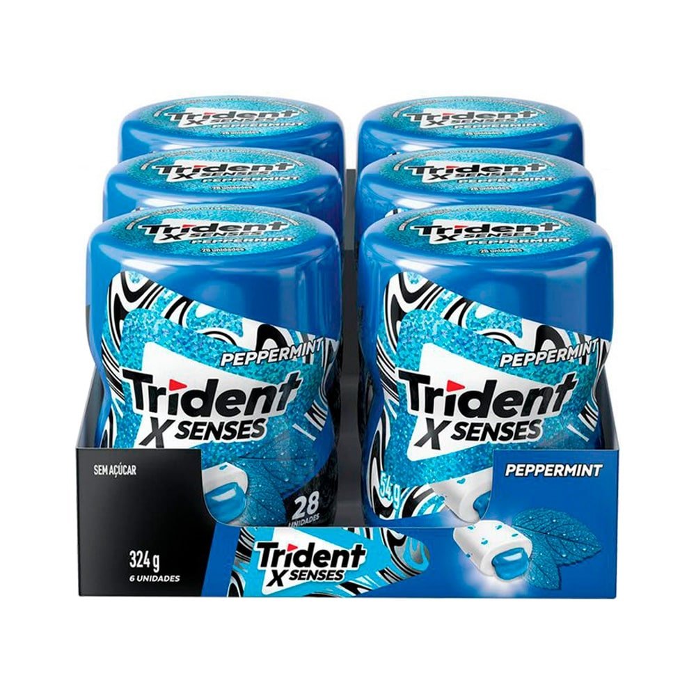 Chiclete Trident XSenses Peppermint sem Açúcar Garrafa 54g - Caixa com 6 unidades