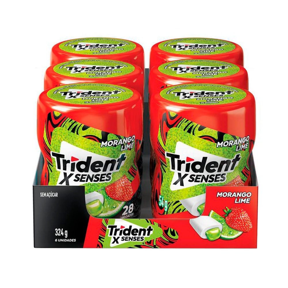 Chiclete Trident XSenses Morango Lime sem Açúcar Garrafa 54g - Caixa com 6 Unidades