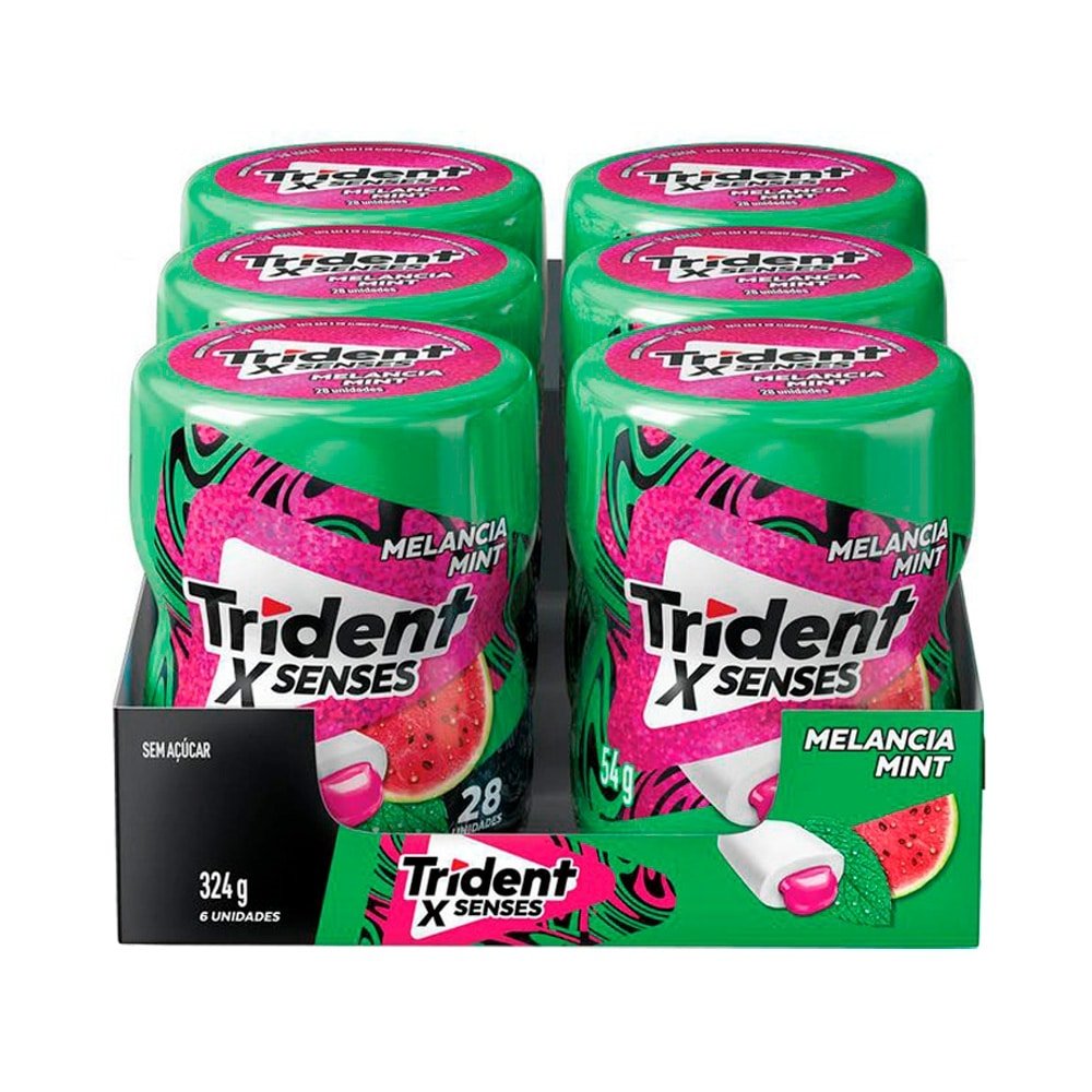 Chiclete Trident XSenses Melancia Mint sem Açúcar Garrafa 54g - Caixa com 6 Unidades