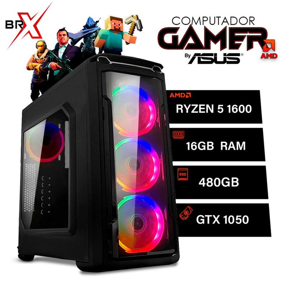 Computador Gamer AMD Ryzen 5 1600 By Asus 16GB 480GB Vídeo GTX 1050 4GB Windows 10 - BRX