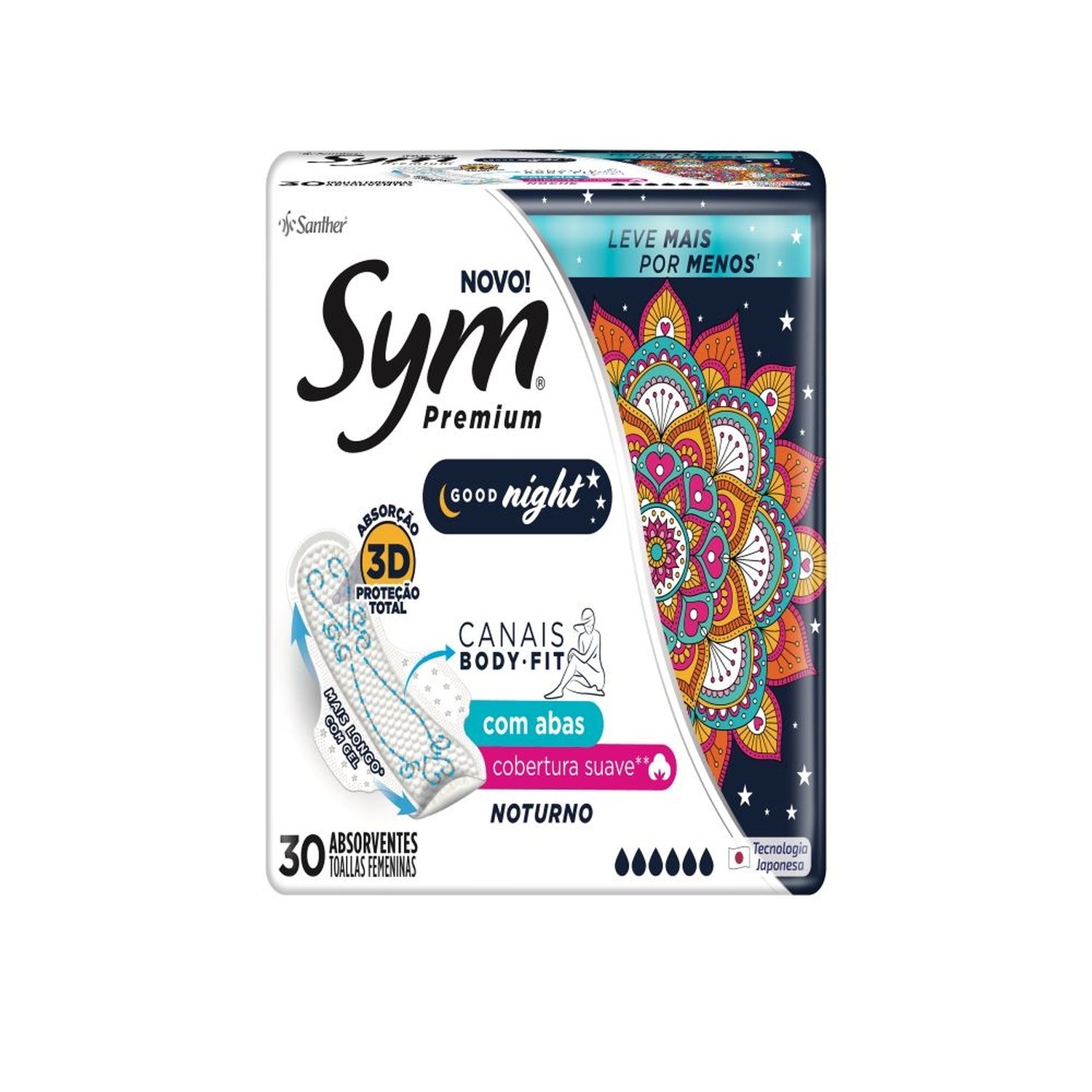 Absorvente Sym Premium Noturno Suave com Abas - Embalagem com 30 Unidades