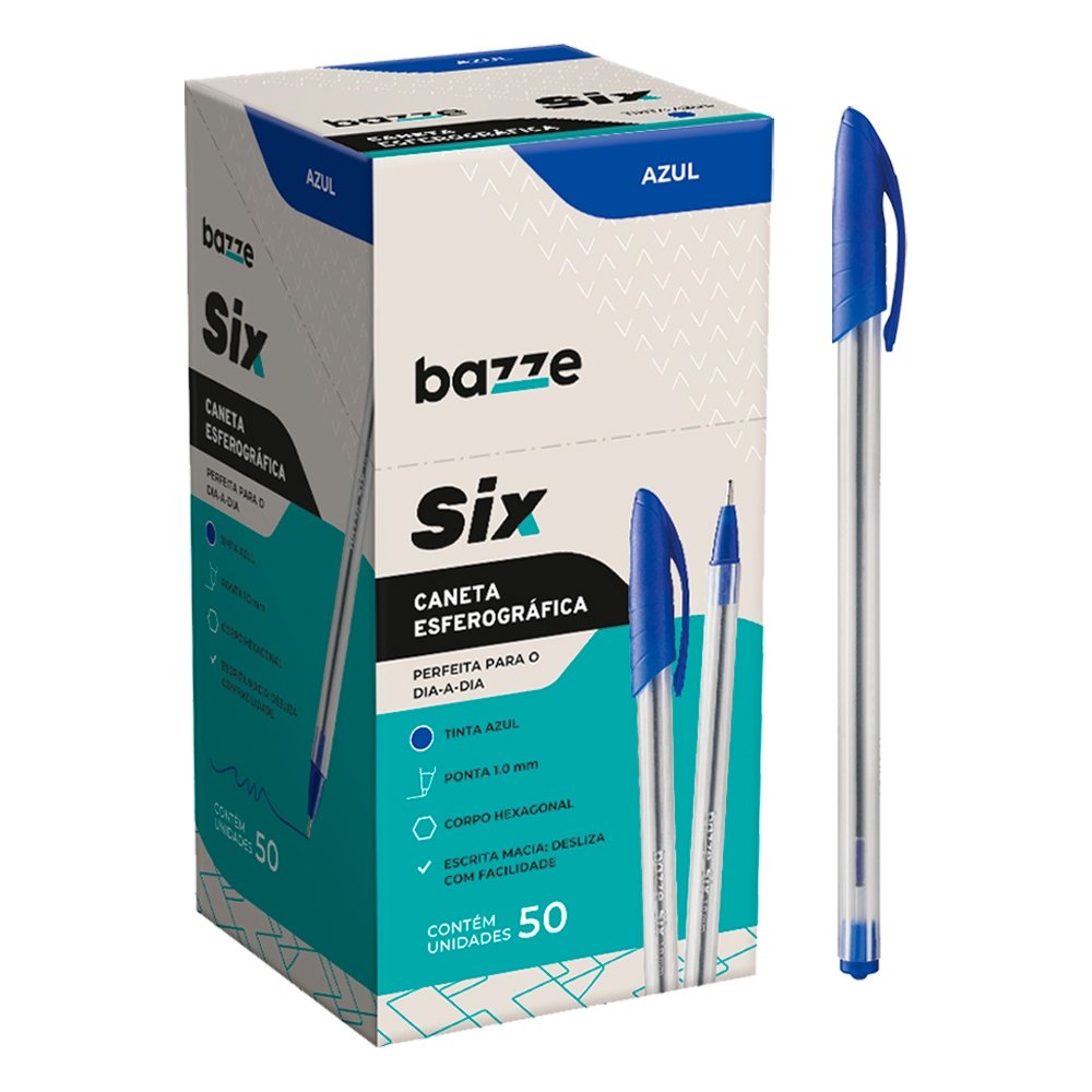 Caneta Esferográfica Bazze Six, Ponta 1.0, Azul, 50 Unidades