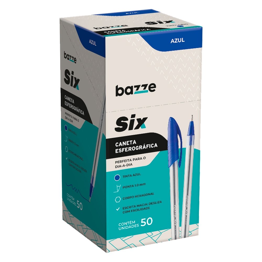 Caneta Esferográfica Bazze Six, Ponta 1.0, Azul, 50 Unidades