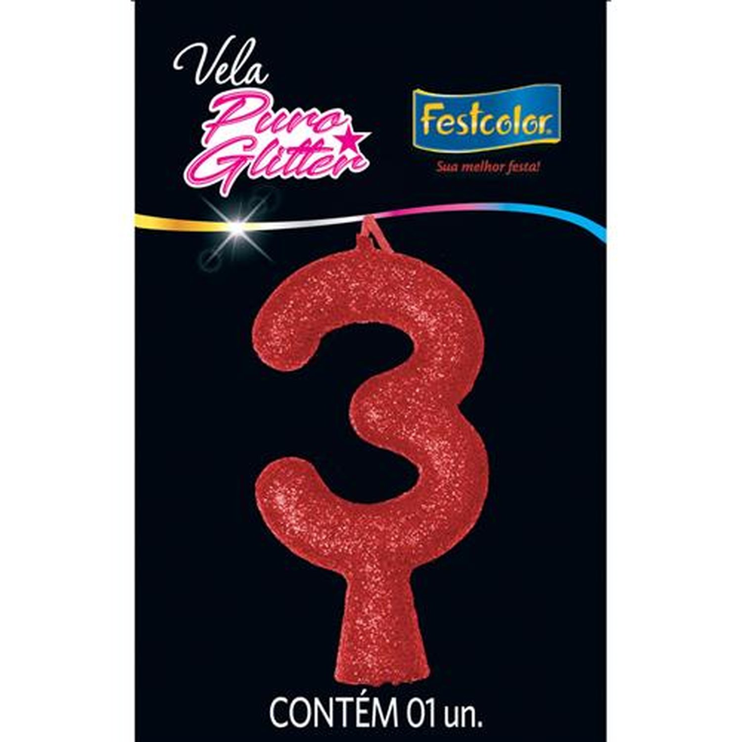 Vela Puro Glitter Vermelha N 3 - Embalagem com 1 unidade.