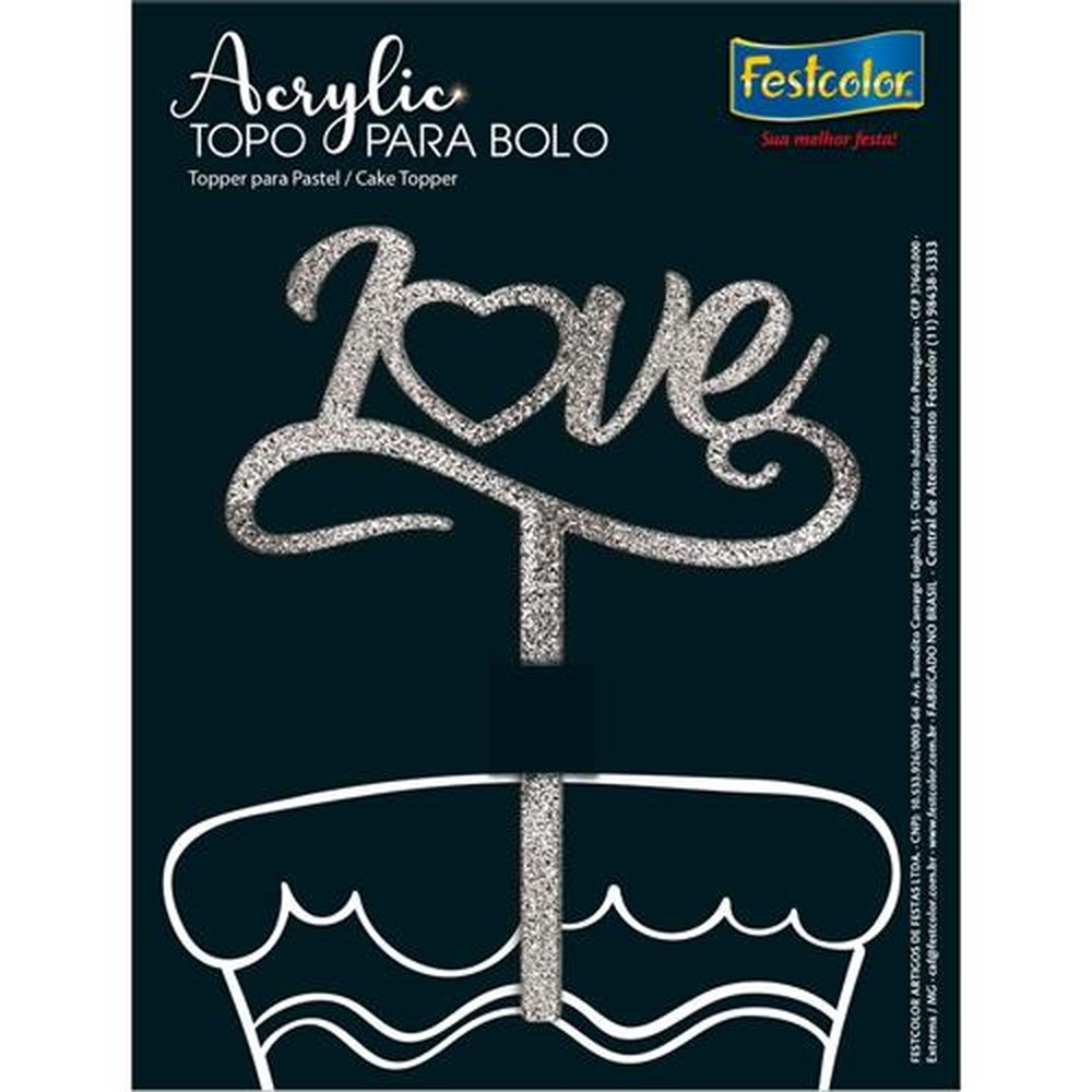 Topo Acrylic Love Glitter Prateado