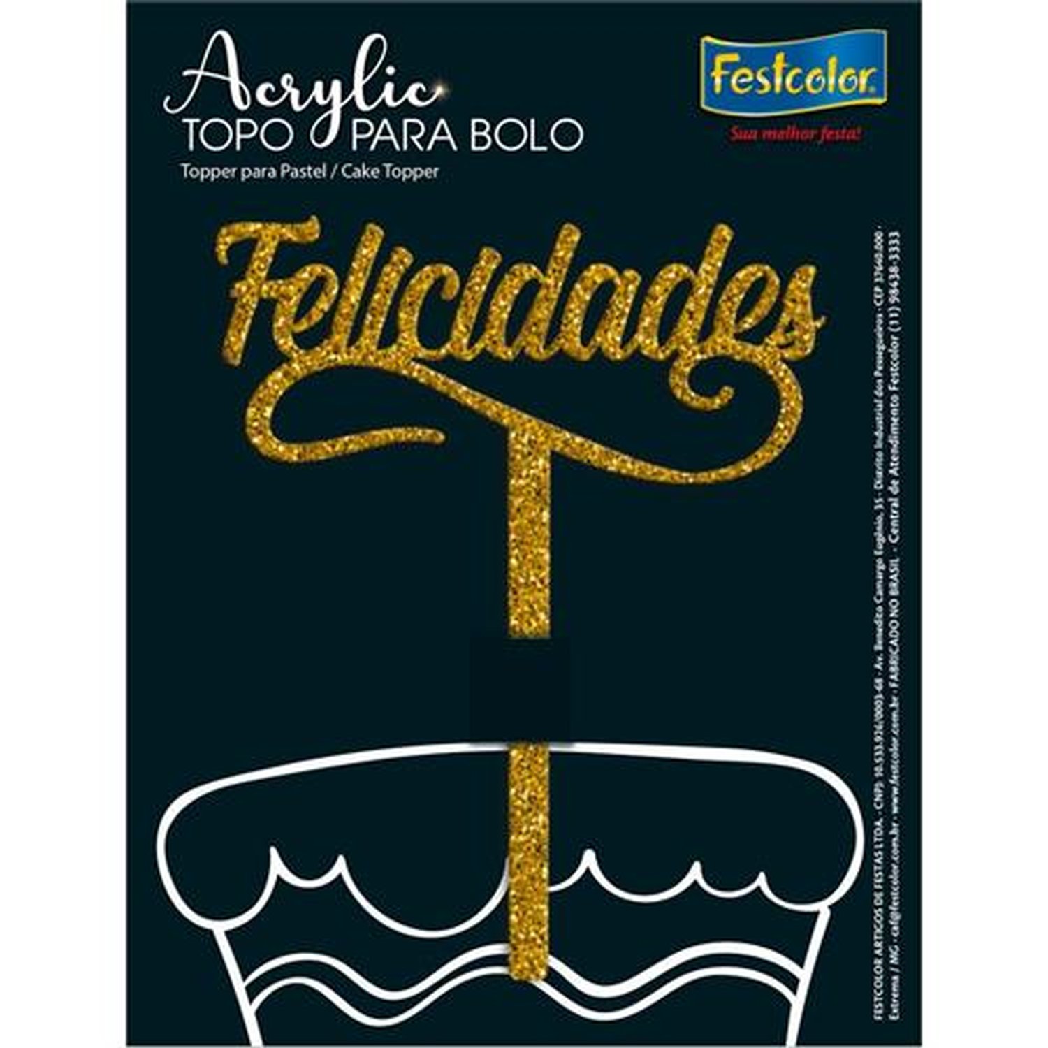 Topo Acrylic Felicidades Glitter Dourado