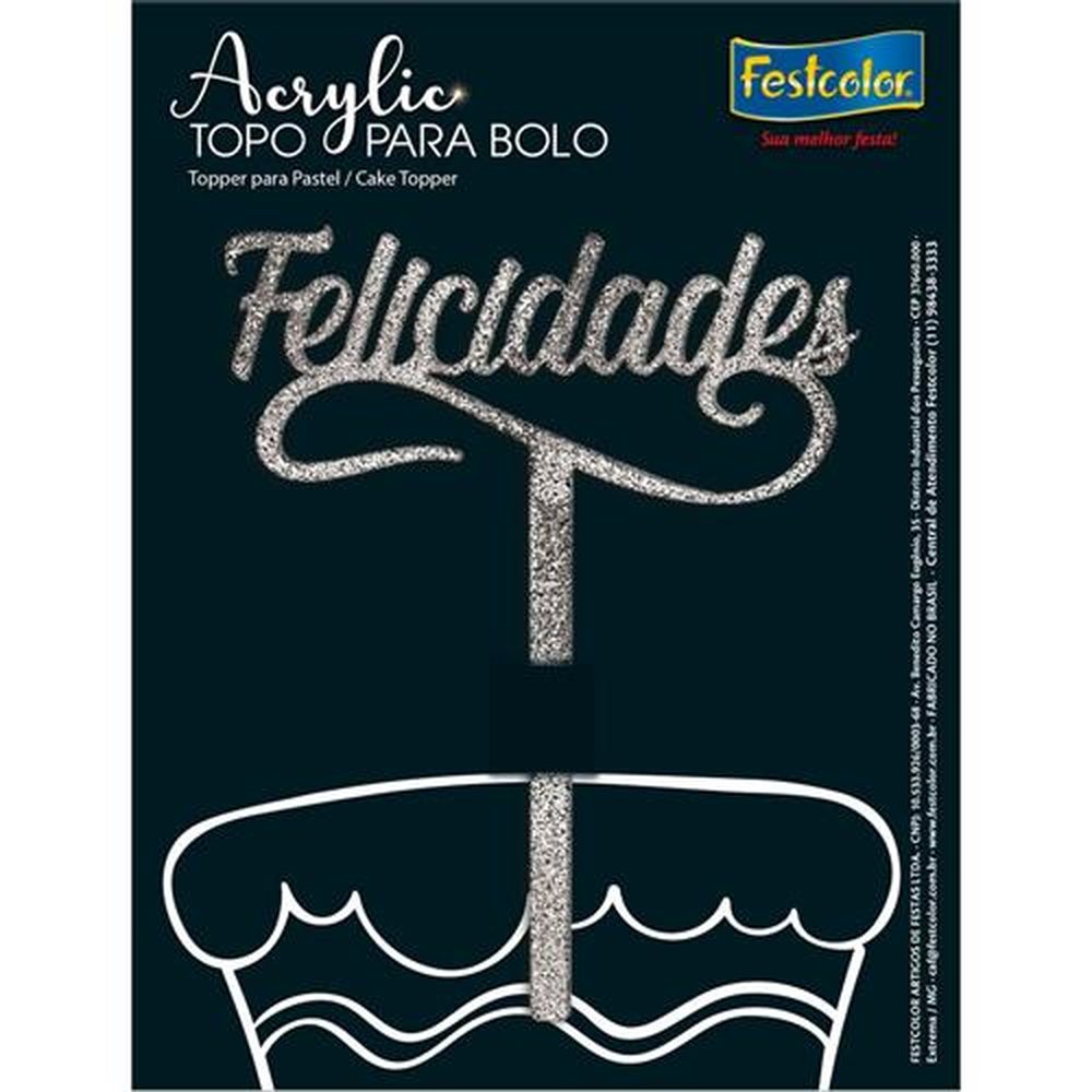 Topo Acrylic Felicidades Glitter Prateado