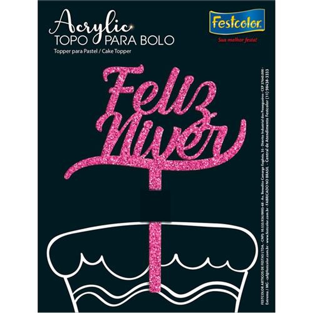 Topo Acrylic Feliz Niver Glitter Rosa