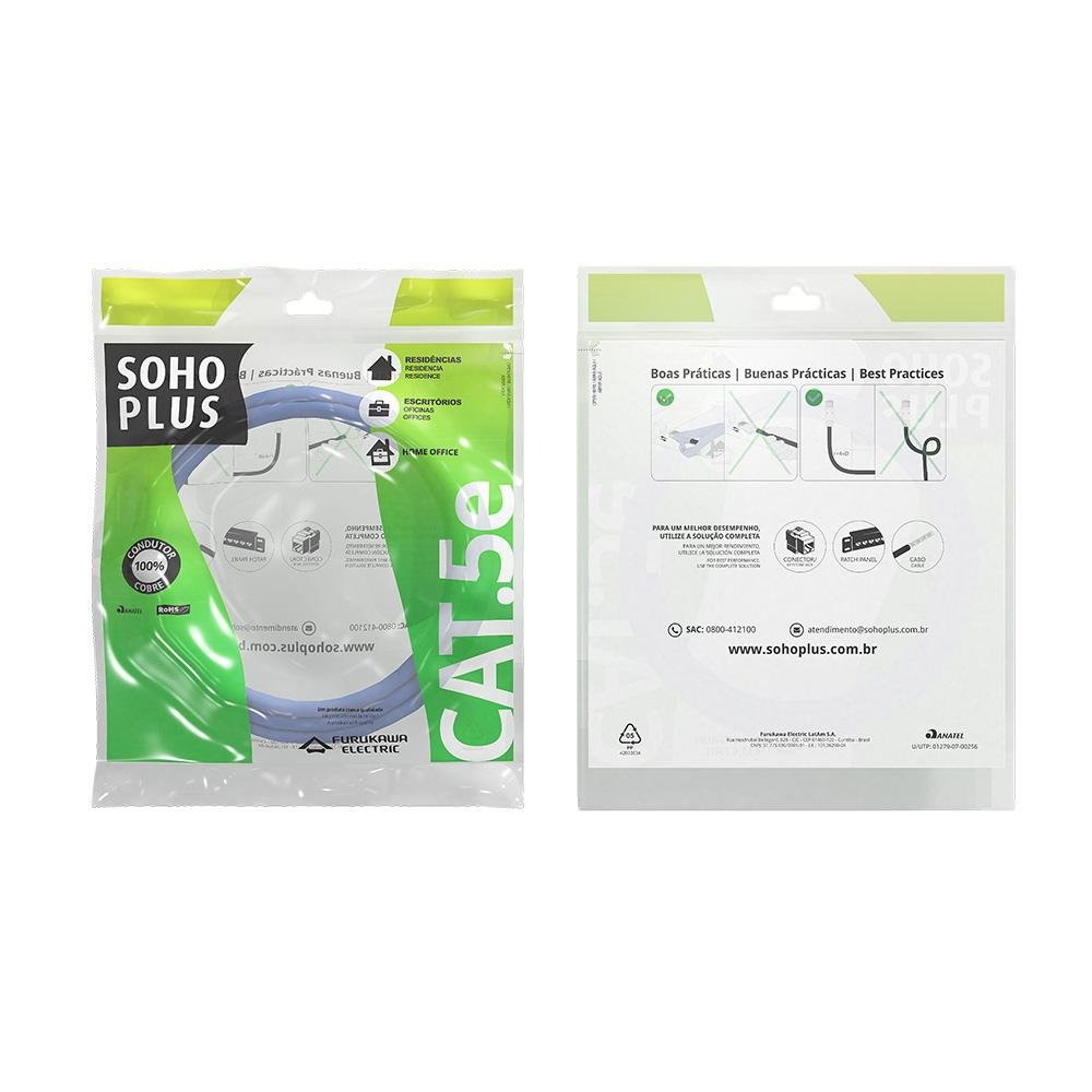 Cabo Patch Cord Cat5e Sohoplus T568a/B 2.5M Azul