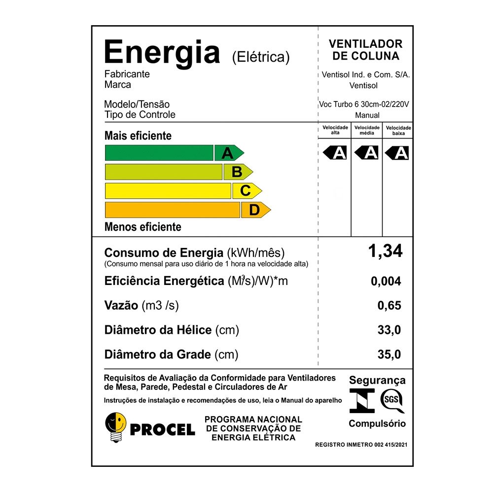 Ventilador de Coluna Ventisol 30cm Turbo 6, 3 Velocidades, 6 Pás, Preto, 220V