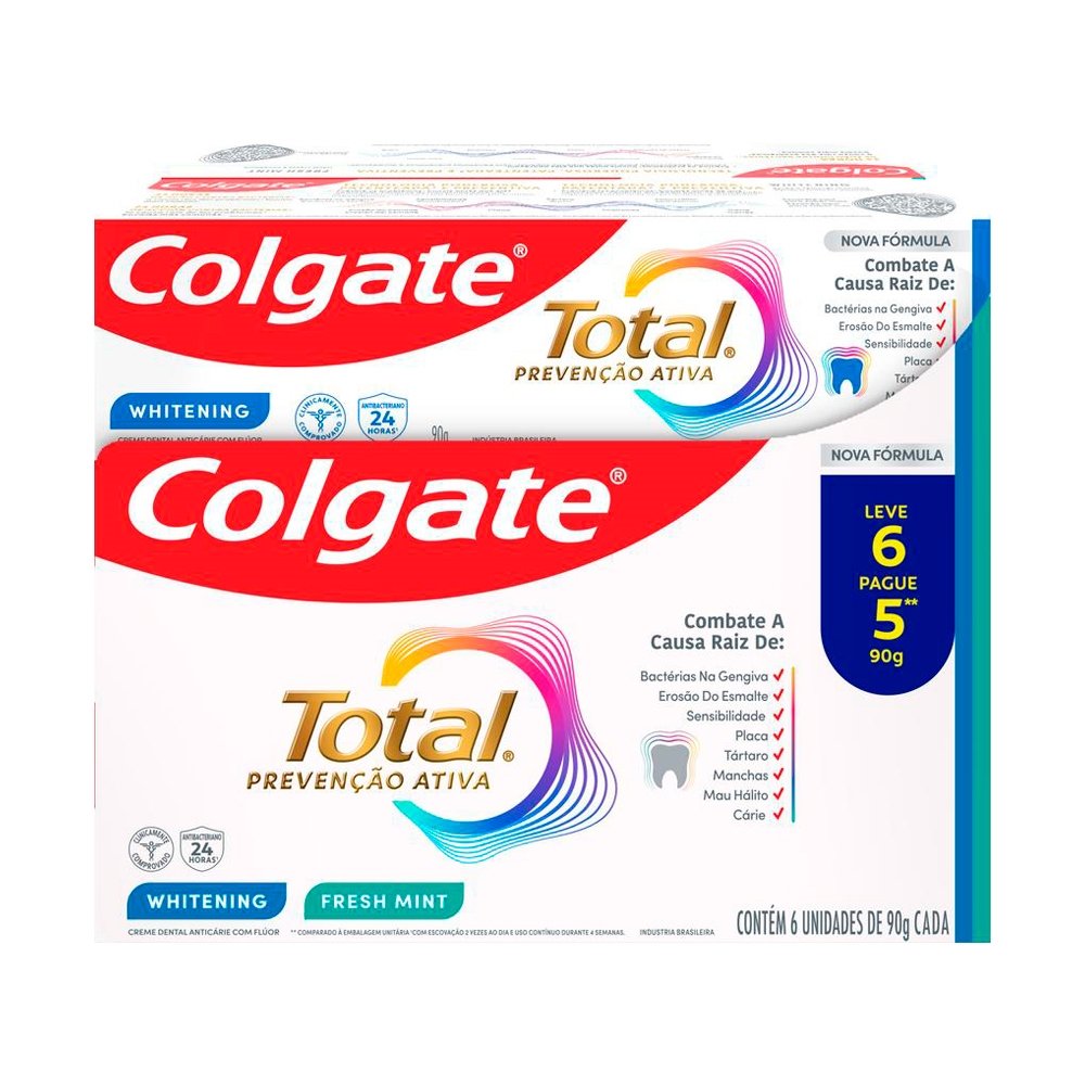 Creme Dental Colgate Total 12 Whitening e Advanced Fresh, Leve 6 Pague 5, 6x90g