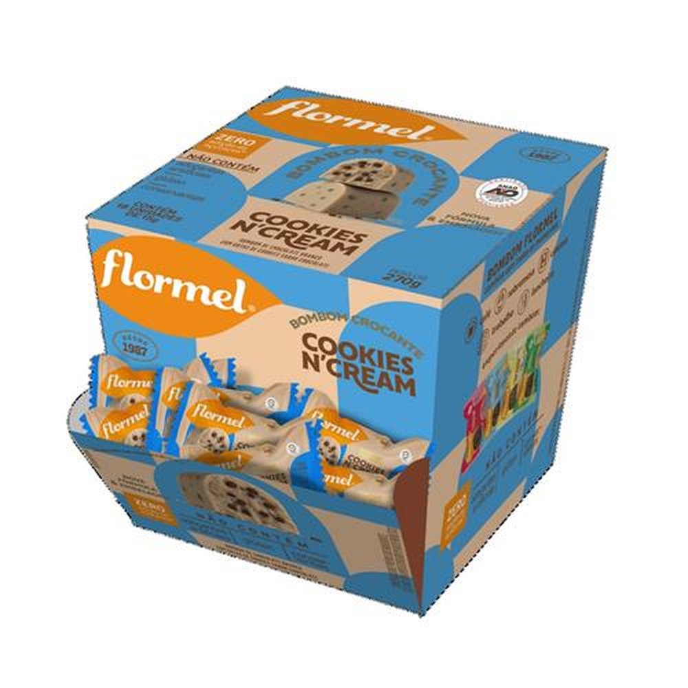 Bombom de Chocolate Branco, Recheado com Gotas Cookie de Chocolate Flormel, Zero Açúcar - Caixa com 18 Unidades de 15g cada