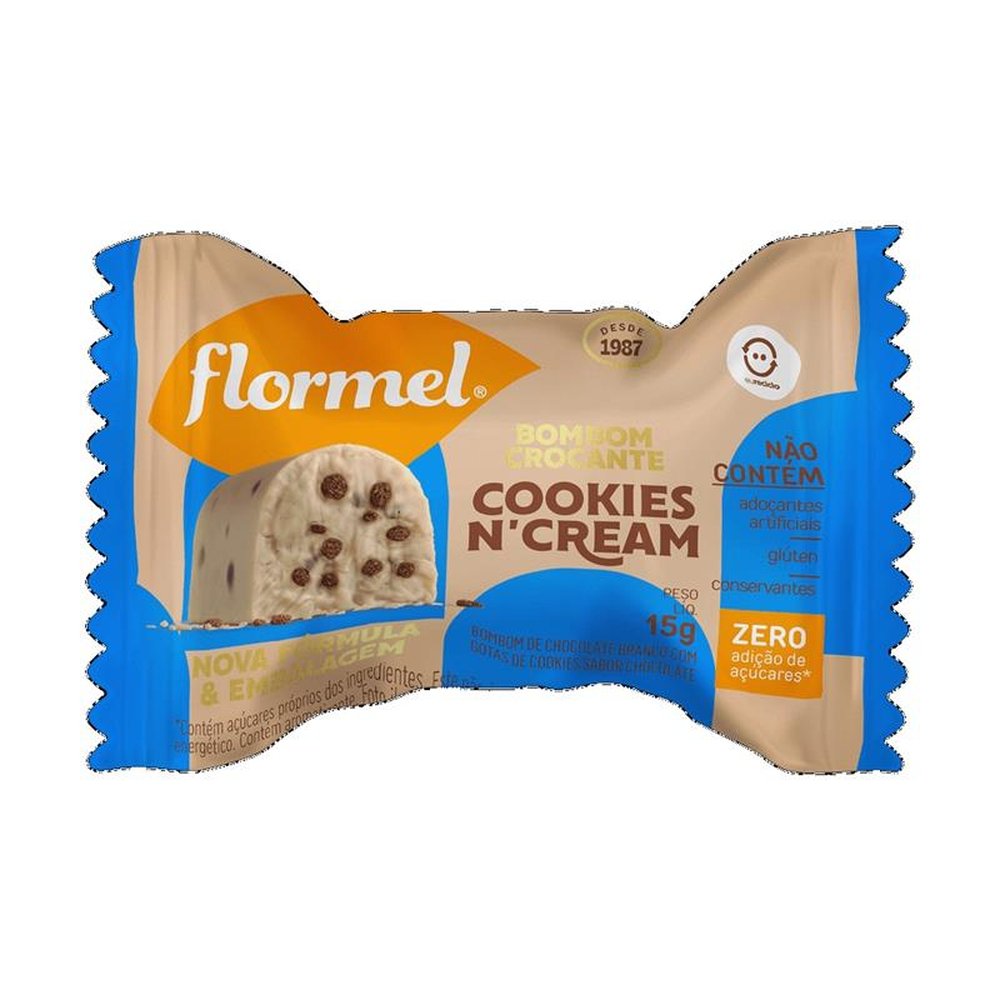 Bombom de Chocolate Branco, Recheado com Gotas Cookie de Chocolate Flormel, Zero Açúcar - Caixa com 18 Unidades de 15g cada