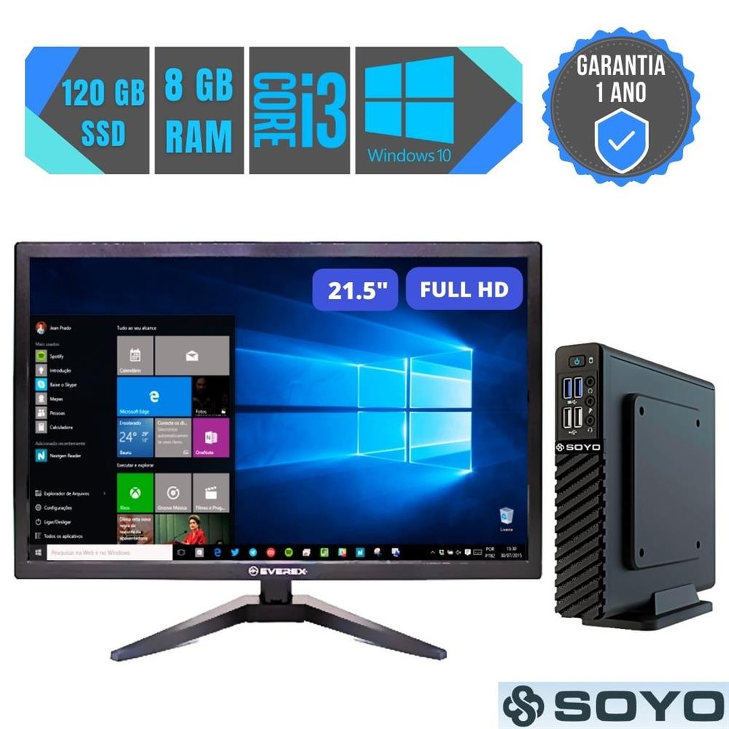 Mini Pc Intel Core I3 10° Geração, 120GB SSD, 8GB, Windows 10 + Monitor 21,5"