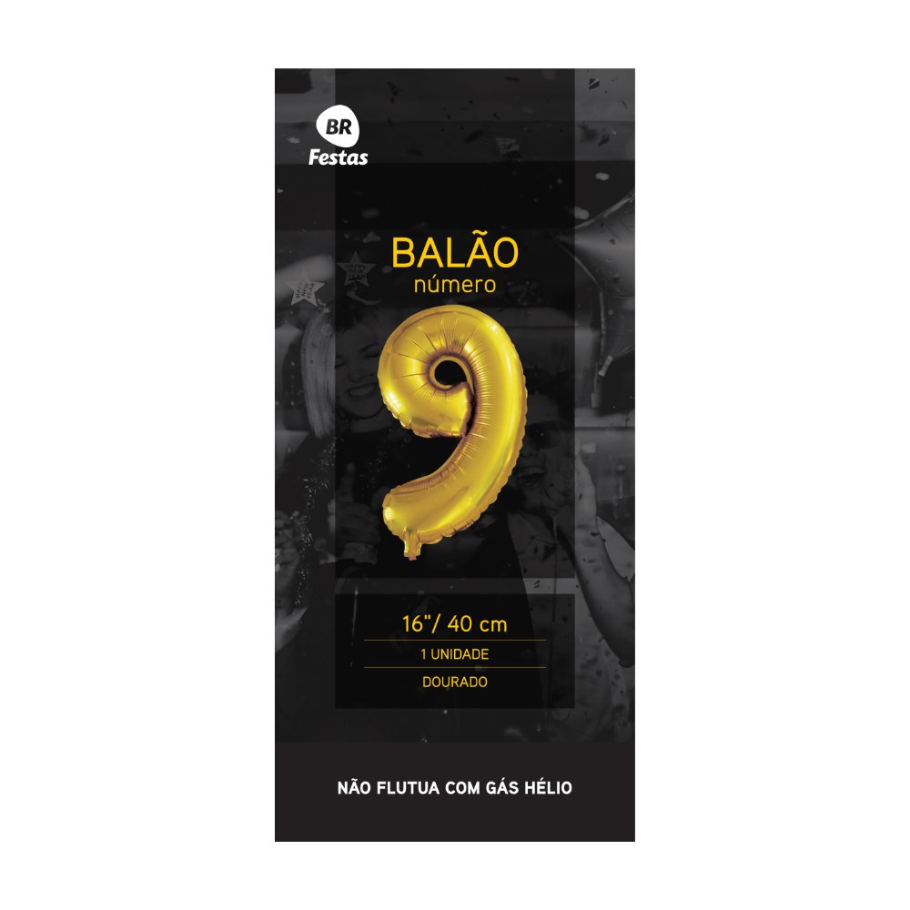 Balão Dourado número 9 nove Brilhoso 16 Polegadas