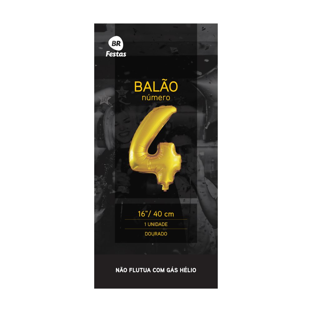 Balão Dourado número 4 quatro Brilhoso 16 Polegadas