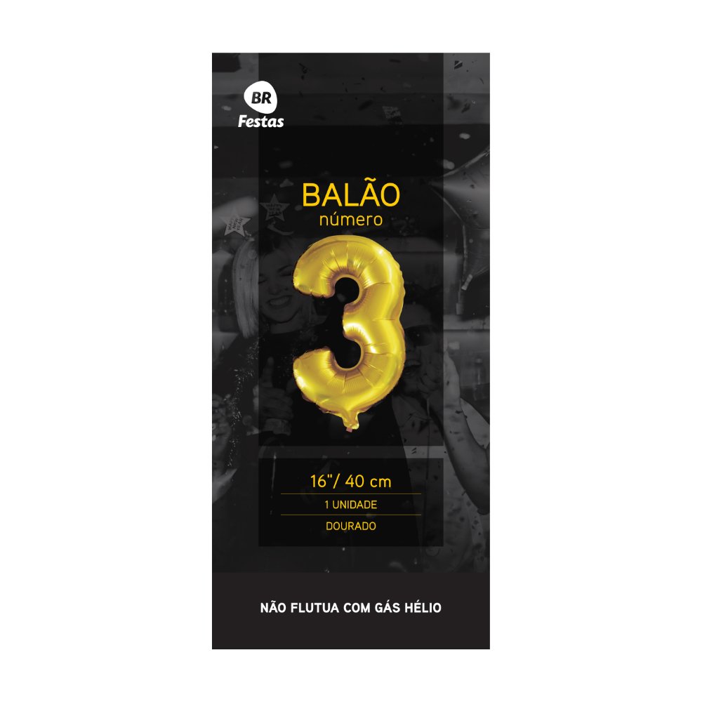 Balão Dourado número 3 três Brilhoso 16 Polegadas