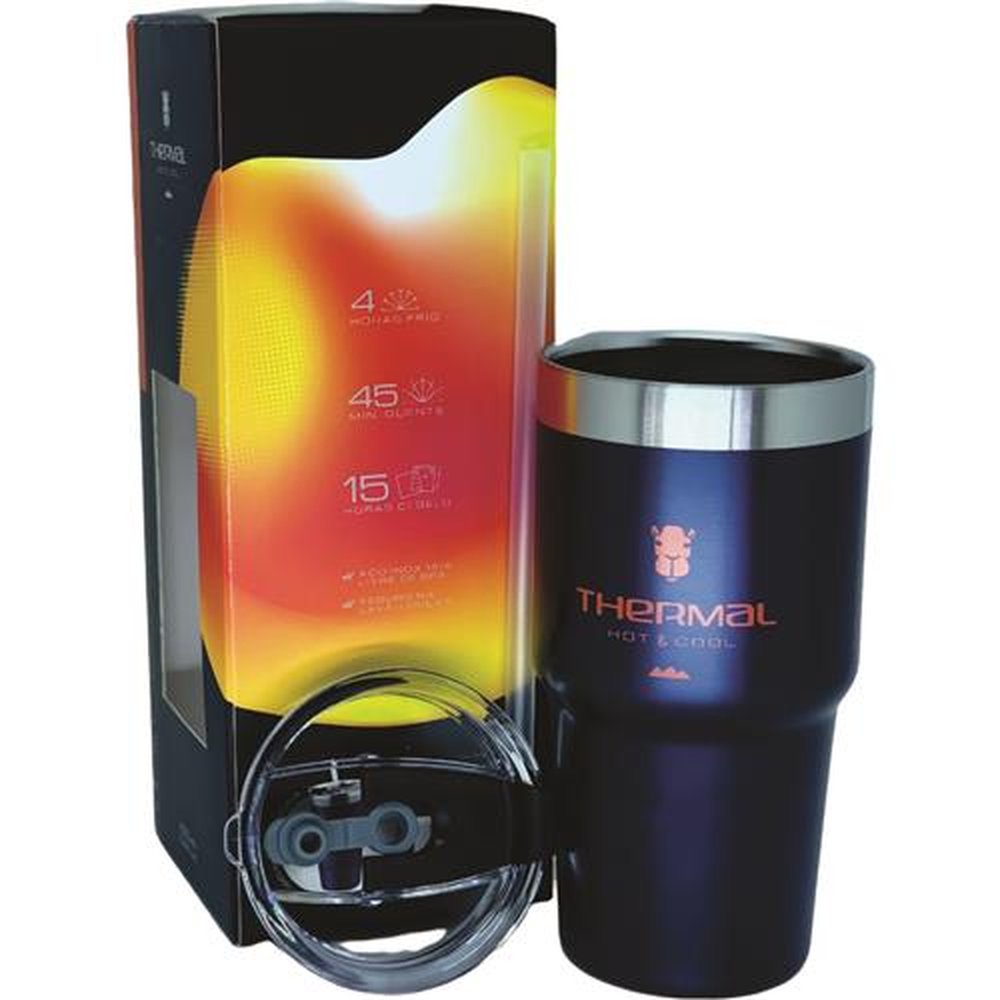 Copo Térmico Com Tampa e Canudo Thermal Azul Metalizado 600ml