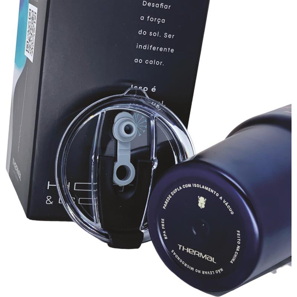 Copo Térmico Com Tampa e Canudo Thermal Azul Metalizado 600ml