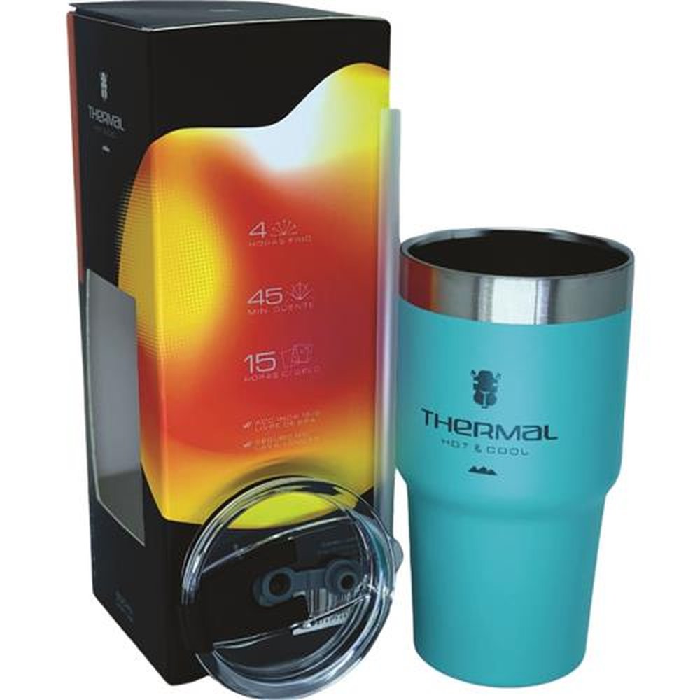 Copo Térmico Com Tampa e Canudo Thermal Ciano 600ml