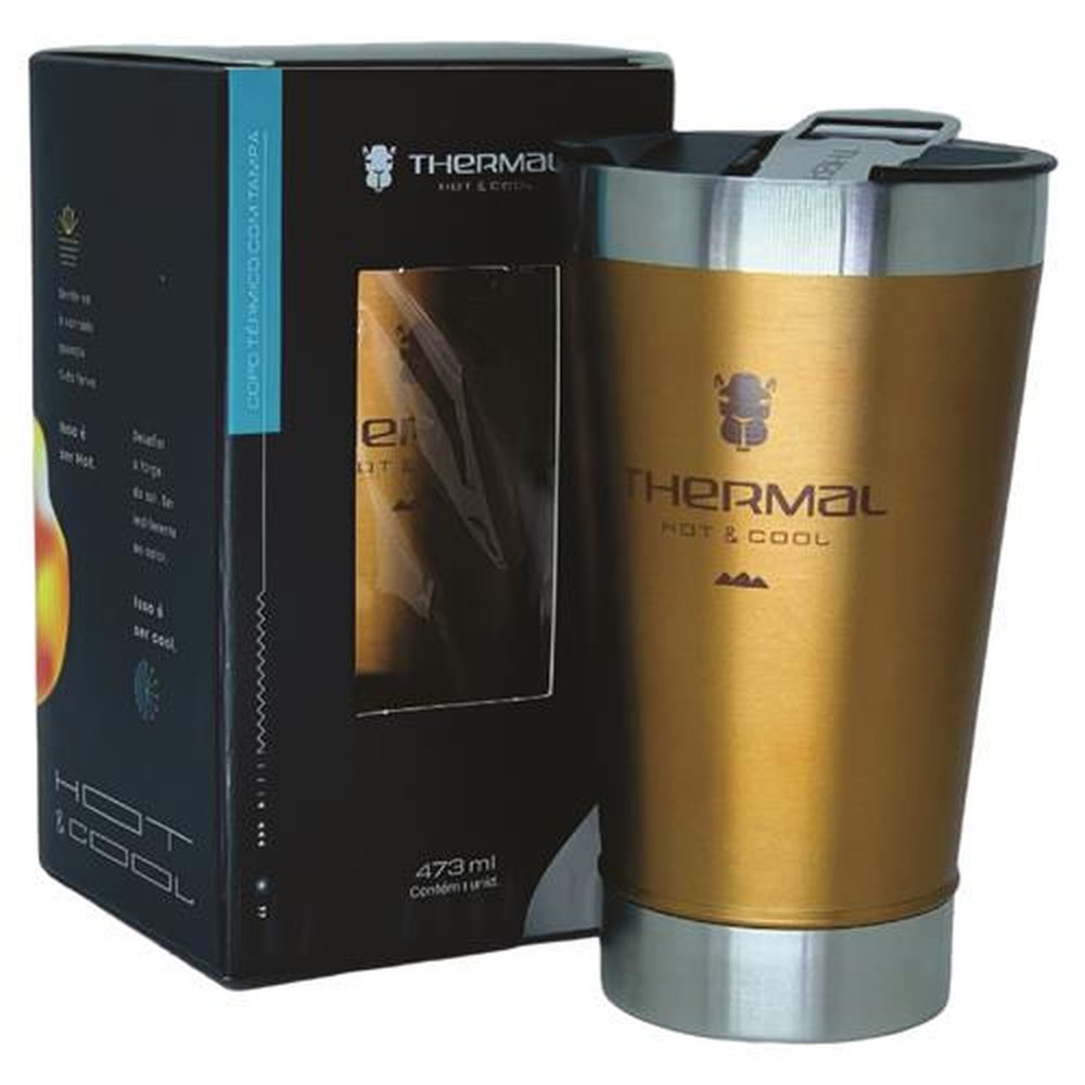 Copo Térmico Com Tampa Thermal Dourado 473ml