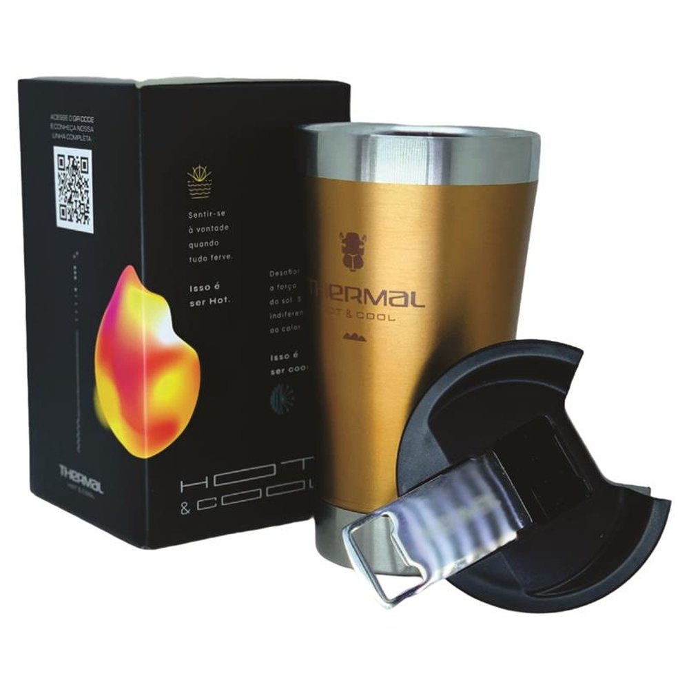 Copo Térmico Com Tampa Thermal Dourado 473ml