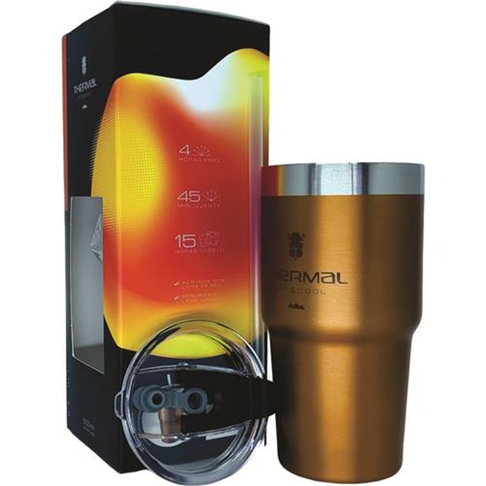 Copo Térmico Com Tampa e Canudo Thermal Dourado Metalizado 600ml