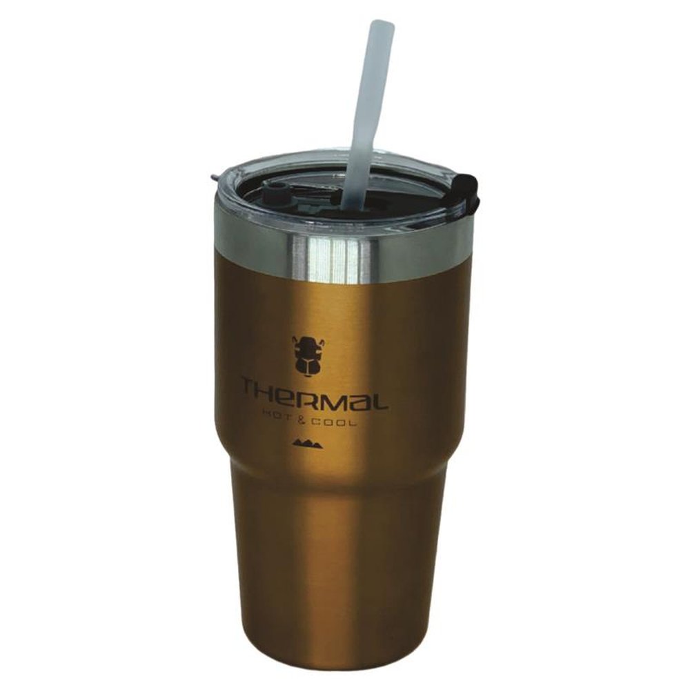 Copo Térmico Com Tampa e Canudo Thermal Dourado Metalizado 600ml