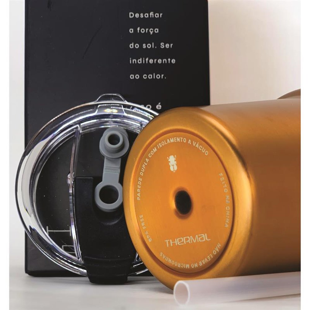 Copo Térmico Com Tampa e Canudo Thermal Dourado Metalizado 600ml