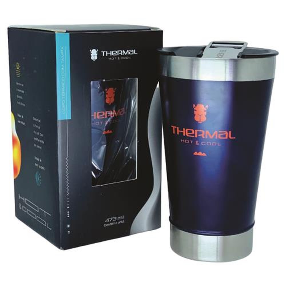 Copo Térmico Com Tampa Thermal Azul Metalizado 473ml