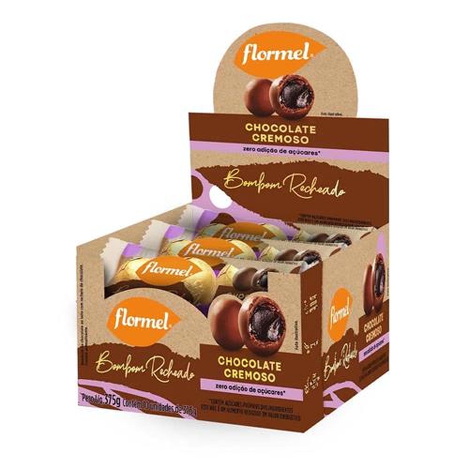 Bombom de Chocolate ao Leite, Recheado com Chocolate Cremoso Flormel, Zero Açúcar - Caixa com 10 Un