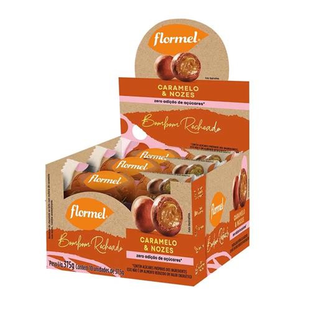 Bombom de Chocolate ao Leite, Recheado com Caramelo e Nozes Flormel, Zero Açúcar - Caixa com 10 Unidades de 37,5g cada