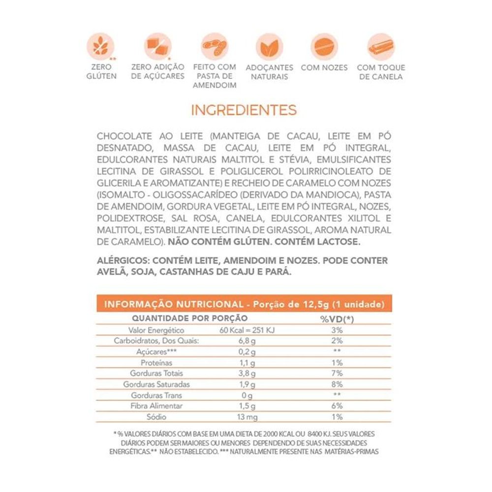 Bombom de Chocolate ao Leite, Recheado com Caramelo e Nozes Flormel, Zero Açúcar - Caixa com 10 Unidades de 37,5g cada